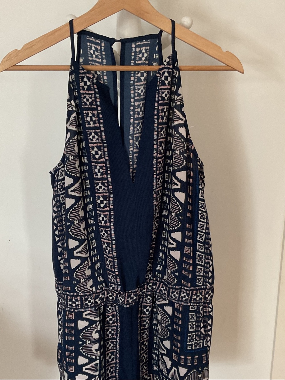 BCBGMaxAzria Navy and White Printed Romper with V-Neck